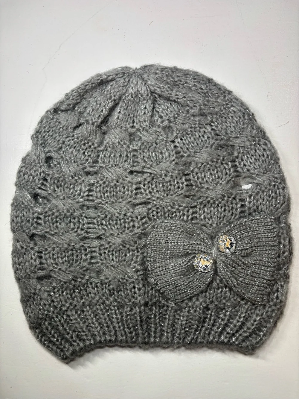 NWT Apt. 9 Light Gray Silver Cable Knit Beanie Hat & Scarf Set Pair Bow